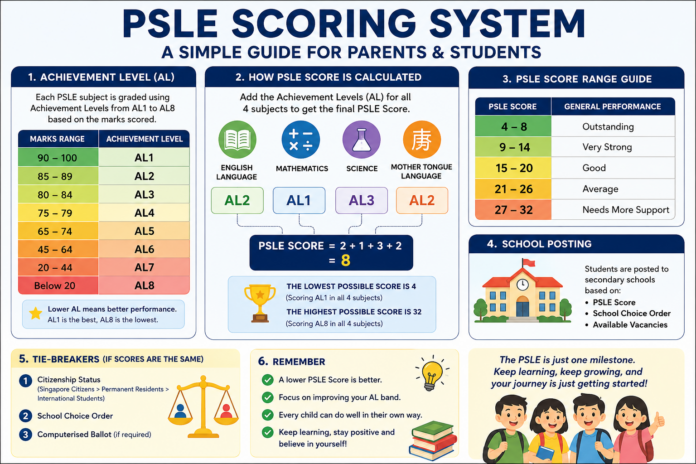 PSLE scoring system infographic showing Achievement Levels (AL1 to AL8), score calculation, score ranges, and secondary school posting process in Singapore.
