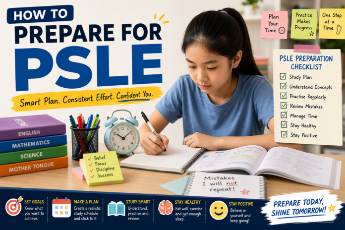 Student studying for PSLE at home with books and a study plan in Singapore