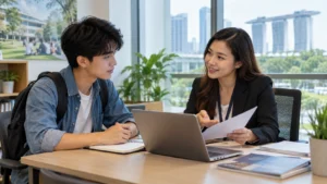 ducation loans Singapore consultation with a student and financial advisor discussing tuition financing and financial aid.