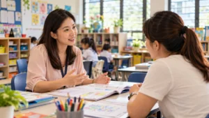 Parent and teacher discussing a child's progress during a Singapore school meeting