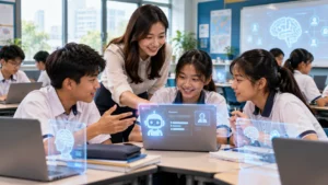 Singapore teacher helping students use AI-supported learning tools in a modern classroom