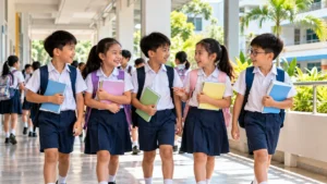 Singapore primary school students walking together through a modern school corridor with backpacks and books