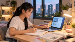 Singapore student using SLS resources for self-study and revision