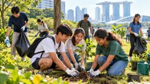 Students taking part in environmental volunteer opportunities by planting trees and cleaning a community park