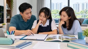 Singaporean parents reviewing PSLE appeal application documents with their child at home for secondary school admission in Singapore.