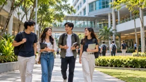 Students walking on a university campus in Singapore