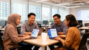 Singaporean professionals practising artificial intelligence skills on a laptop