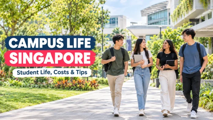 Campus Life Singapore with university students walking on a green campus
