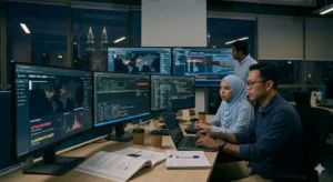IT professional monitoring digital security dashboards in a modern office