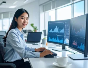 Data analyst in Singapore reviewing charts and visual dashboards at work