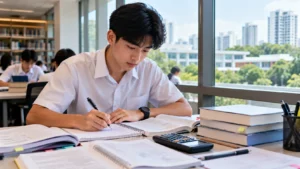 Singapore junior college student revising A-Level subjects