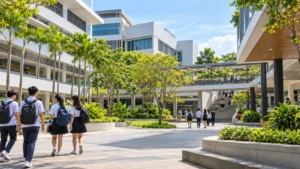 Modern junior college campus with students in Singapore