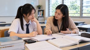 Singapore secondary school student discussing subject combinations with a teacher