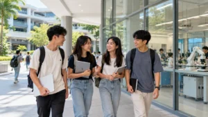 Singapore students discussing future study options at a modern polytechnic campus