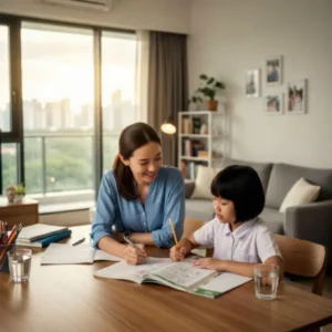 Parent helping a Singapore Primary 6 student prepare PSLE registration documents