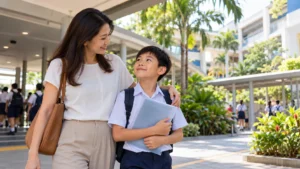 Parent accompanying a primary school student on PSLE results day in Singapore