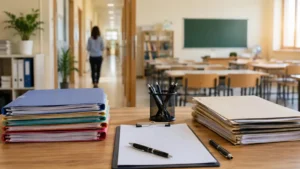School registration paperwork arranged on a desk for Singapore PSLE administration