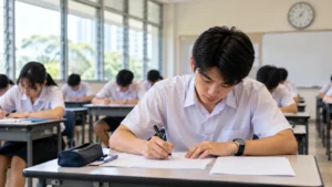 Student writing answers during an A-Level examination