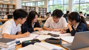 Pre-university students studying together at a library table