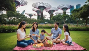 Family enjoying an outdoor school holiday outing at Gardens by the Bay in Singapore