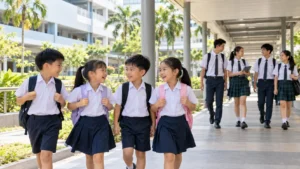 Primary and secondary school students at a Singapore school campus