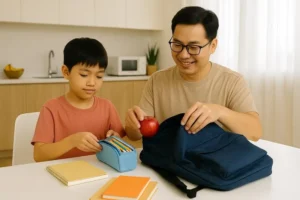Primary school children organising their school bags and books before a new term in Singapore