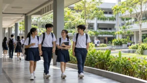 Students walking through a Singapore secondary school campus after PSLE results