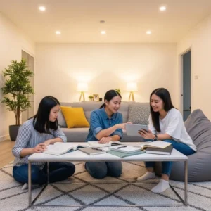 University students studying in a shared student accommodation lounge in Singapore