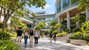 Modern university campus in Singapore with academic buildings and green outdoor spaces