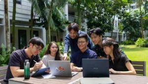 University students studying together outdoors on a Singapore campus