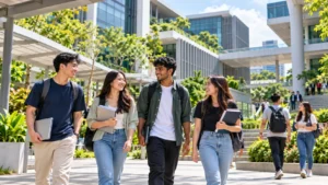 University students walking across a modern Singapore campus