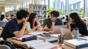 University students studying together in a modern library in Singapore