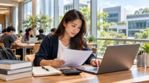 University student reviewing education costs and application documents at a desk