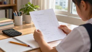 Singapore student reviewing an examination results sheet while studying PSLE AL scores