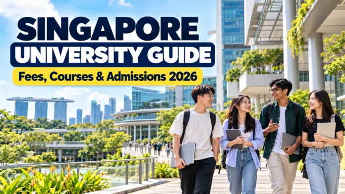 Universities in Singapore guide featuring a modern university campus and students